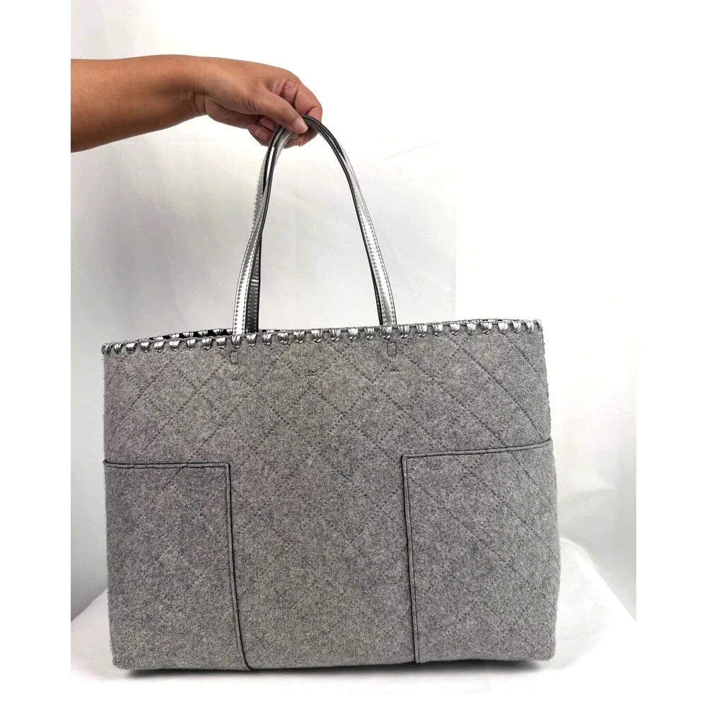 Tory Burch Block-T Felt Fabric Tote Grey/Silver Style 31107 w Silver MakeUp bag
